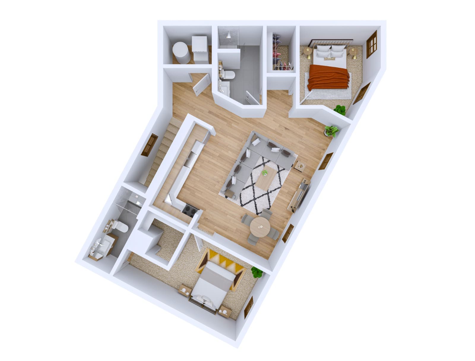 3D Render of a 2 Bedroom Unit